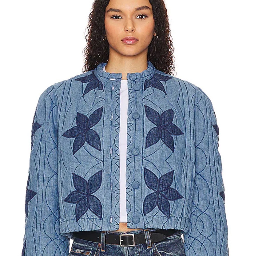 Free People Quinn Quilted Jacket in Indigo Combo size Medium